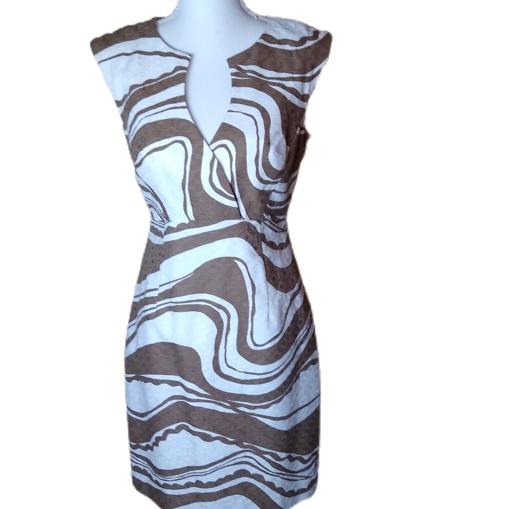 Trina Turk Los Angeles Dress Sz 4 Brown White Marbled Print Textured Fabric EUC